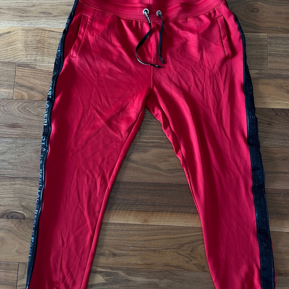 Karl Lagerfeld Mens XL Joggers Red Drawstring Pockets Logo Side Stripe Pants